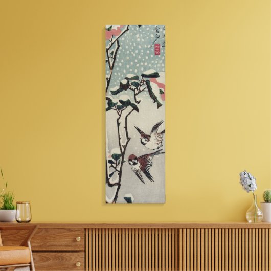 Prachtig oud Japans schilderij van vogels & sneeuw Canvas Afdruk (Insitu (Woonkamer))