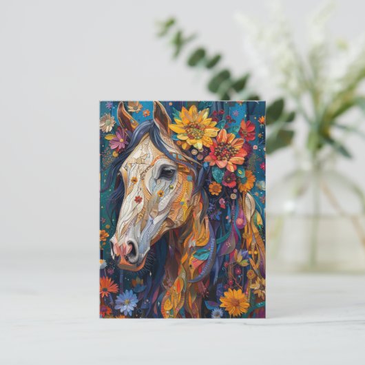 Prachtig paard met kleurrijke bloemen briefkaart (Staand voorkant)