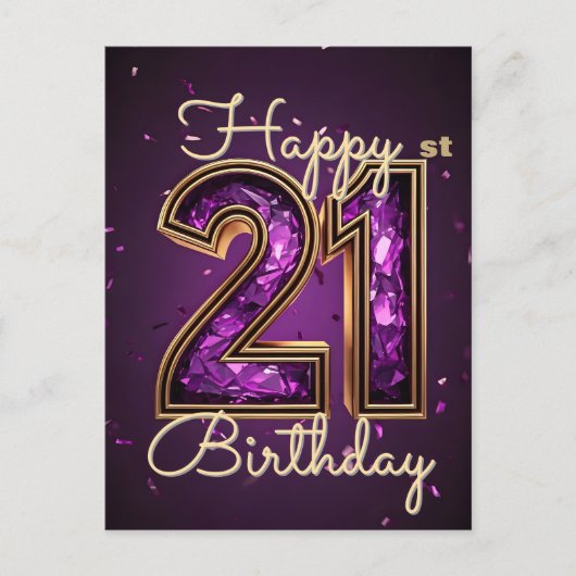 Prachtig paars en goud 21e verjaardag met glitters briefkaart (Voorkant)