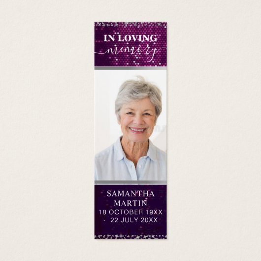 Prachtig Paars Sparkly Memorial Funeral Bladwijzer Mini Visitekaartjes (Voorkant)