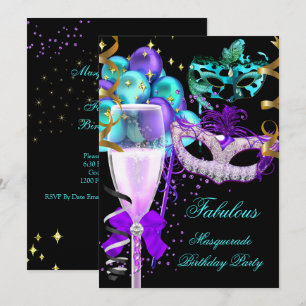 Prachtig Paars Turquoise Zwart Maskerade Feest Kaart