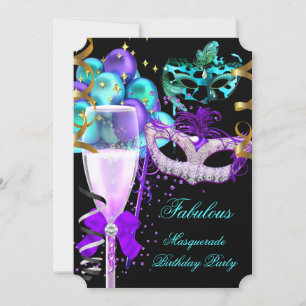 Prachtig Paars Turquoise Zwart Maskerade Feest Kaart