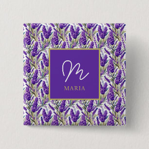Prachtig Paarse lavendelpatroon Monogramed Vierkante Button 5,1 Cm
