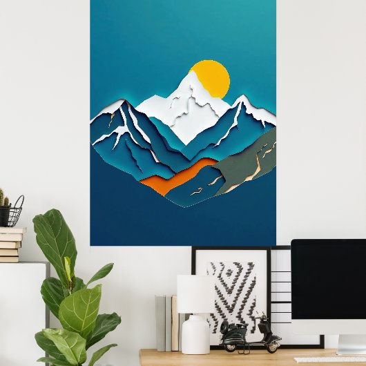 Prachtig papier-gesneden berglandschap met levendi poster (Thuiskantoor)