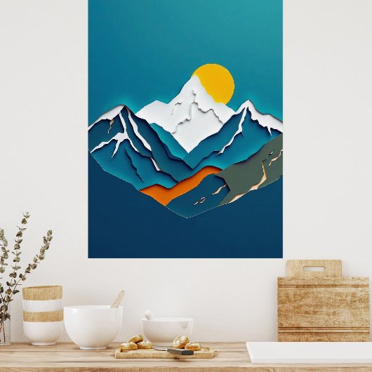 Prachtig papier-gesneden berglandschap met levendi poster (Keuken)