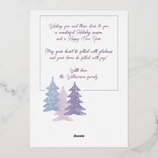 Prachtig Pastel Blauw Blush Roze Paarse Bomen Goud Folie Feestdagenkaart (Achterkant)