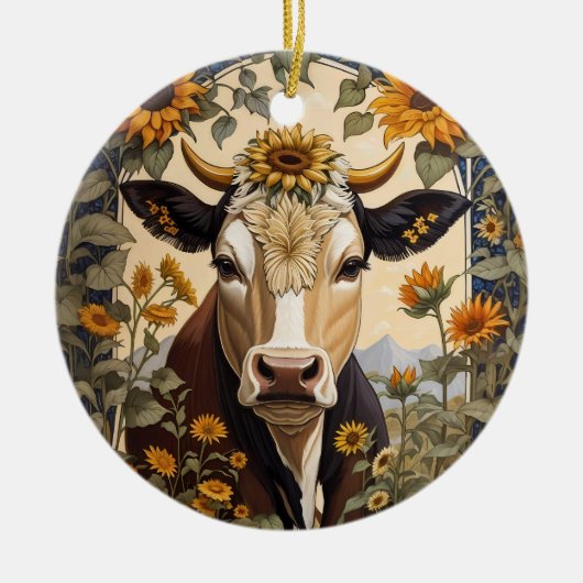 Prachtig platteland Koe Zonnebloem Decoratief Keramisch Ornament (Voorkant)