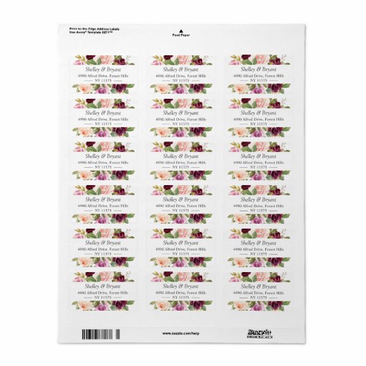 Prachtig Plum Paars Blush Floral Adres Etiket (Full Sheet)