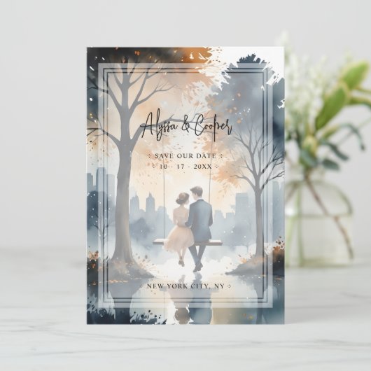 Prachtig prachtig paar swingende NY Park bruiloft Save The Date (Staand voorkant)