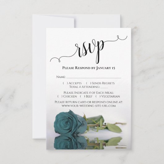 Prachtig reflecterend Blauwgroen Roos Elegant Wedd RSVP Kaartje (Voorkant)