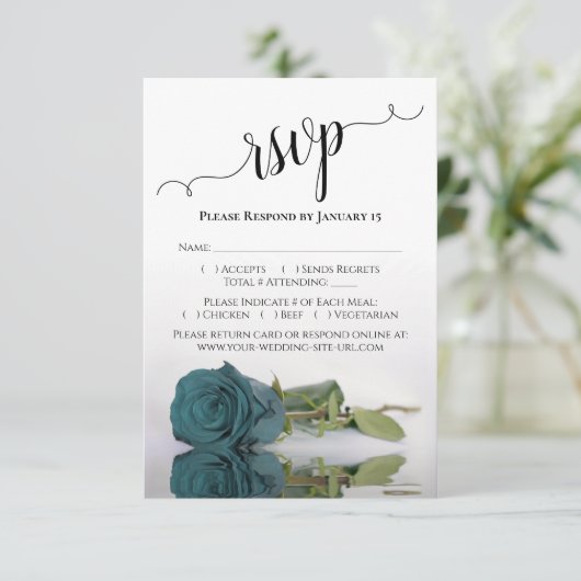 Prachtig reflecterend Blauwgroen Roos Elegant Wedd RSVP Kaartje (Staand voorkant)