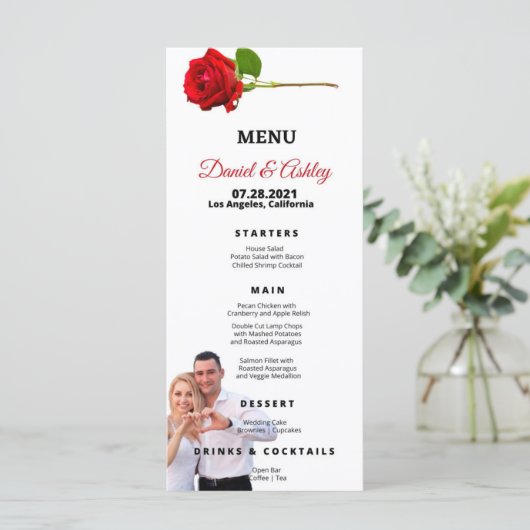 Prachtig rood rozen diner menu (Staand voorkant)