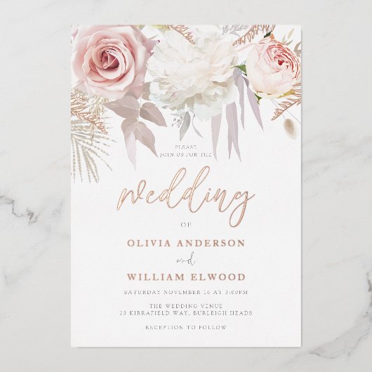 Prachtig Roos Goud & Blush Bloemen Bruiloft Folie Uitnodiging (Voorkant)