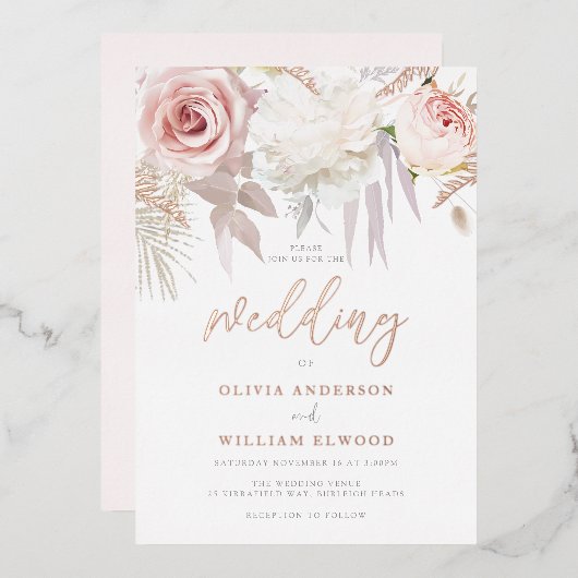 Prachtig Roos Goud & Blush Bloemen Bruiloft Folie Uitnodiging (Voorkant / Achterkant)