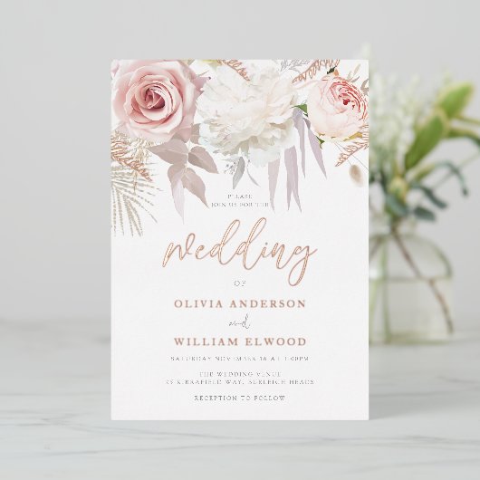 Prachtig Roos Goud & Blush Bloemen Bruiloft Folie Uitnodiging (Staand Voorkant)