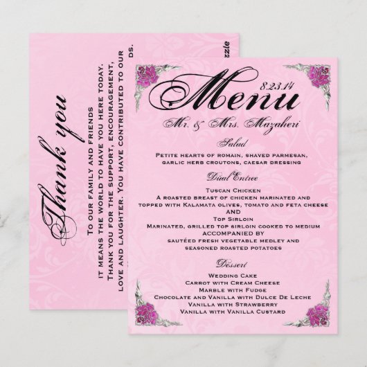 Prachtig Roos Wedding Dinner Menu Dank u (Voorkant / Achterkant)