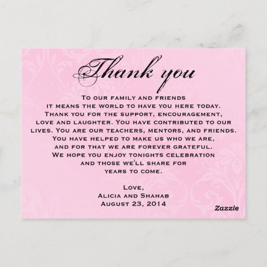 Prachtig Roos Wedding Dinner Menu Dank u (Achterkant)