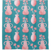 Prachtig roze bloemmotief op blauw douchegordijn (Voorkant)