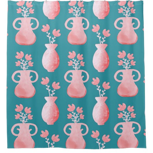 Prachtig roze bloemmotief op blauw douchegordijn (Voorkant)