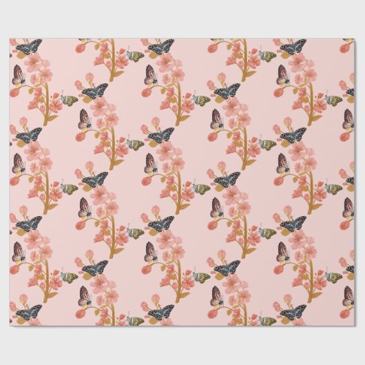 Prachtig roze Boho Butterfly Floral Pattern Cadeaupapier (Vlak)