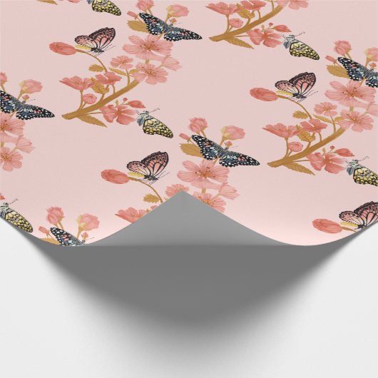 Prachtig roze Boho Butterfly Floral Pattern Cadeaupapier (Hoek)