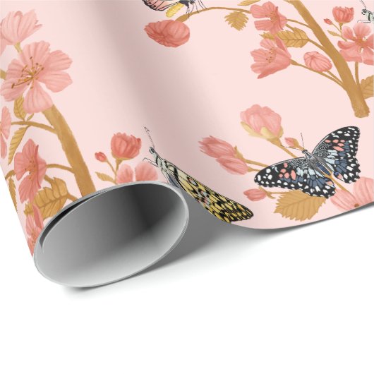 Prachtig roze Boho Butterfly Floral Pattern Cadeaupapier (Rol Hoek)