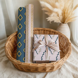 Prachtig roze oranje blauw bloemmotief geometrisch inpakpapier vel