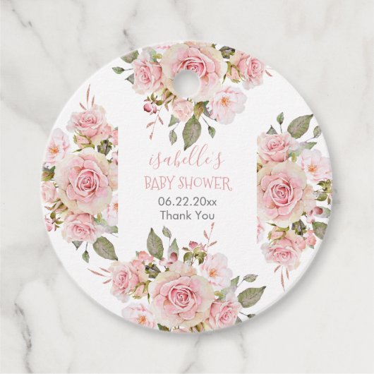 Prachtig Roze Waterverf Roos Floral Baby shower Bedankjes Labels (Voorkant)