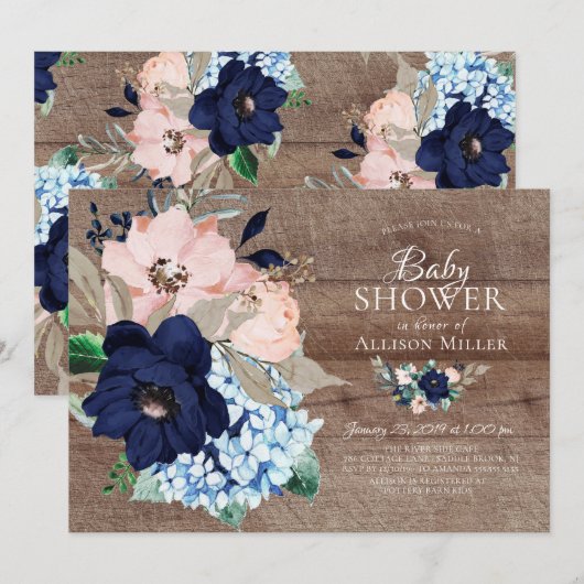 Prachtig rustiek Navy & Blush Bloemen Baby shower Kaart (Voorkant / Achterkant)