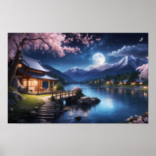 Prachtig Sakura Cherry Blossom uitzicht 's nachts Poster