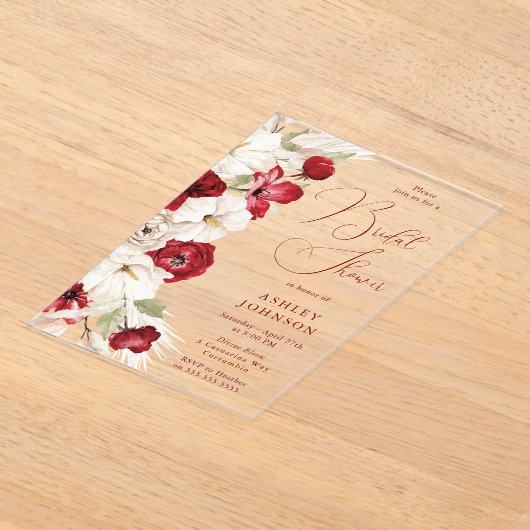 Prachtig Script Rood & Wit Bloemen Vrijgezellenfee Acryl Uitnodigingen (Laagn)