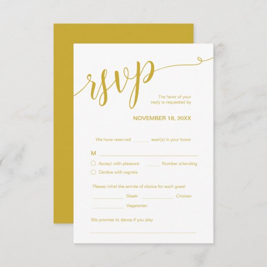 Prachtig script, RSVP, Geel goud, Reageren Informatiekaartje (Voorkant / Achterkant)