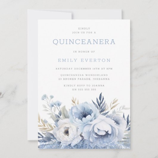 Prachtig Stoffig Blauw Bloemen Quinceanera Party Kaart (Voorkant)