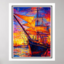 Prachtig tall ship bij zonsondergang – Kleurrijke  Poster