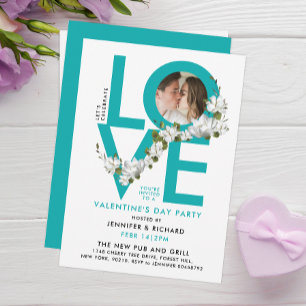 Prachtig Turquoise Liefde Feest Script Foto Bloeme Kaart