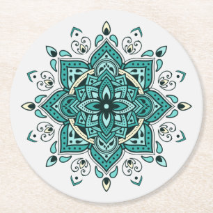 Prachtig turquoise mandala design ronde kartonnen onderzetter