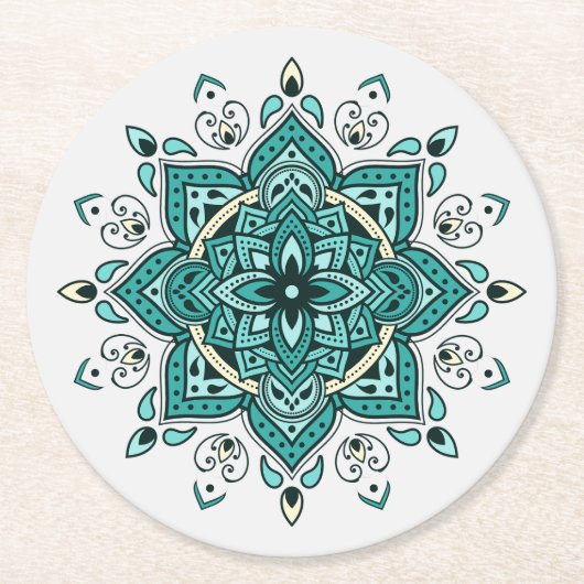 Prachtig turquoise mandala design ronde kartonnen onderzetter (Voorkant)