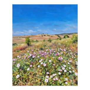 Prachtig wildbloemenveld onder felblauwe hemel perfect poster
