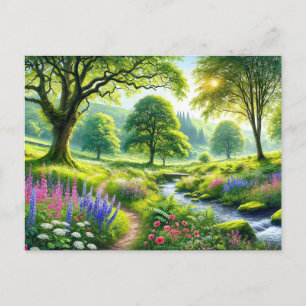 Prachtig zomerlandschap met rivier en bloemen briefkaart