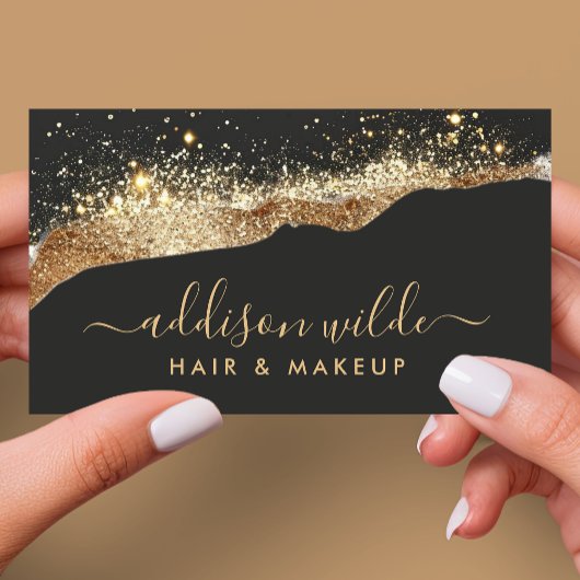 Prachtig zwart en goud glitter trendy script visitekaartje