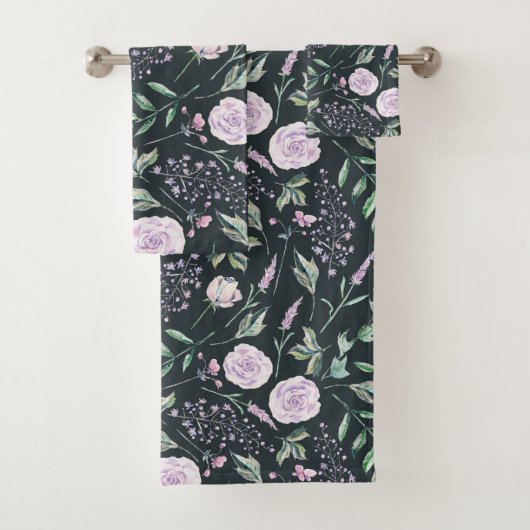 Prachtig zwart lavendel bloemenpatroon bad handdoek (Insitu)