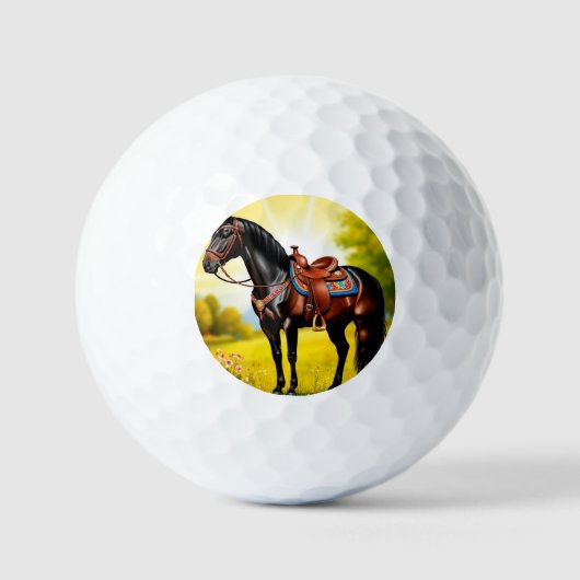 Prachtig zwart paard met zadel golfballen (Voorkant)