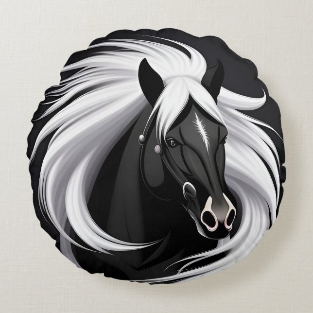 Prachtig zwart paard rond kussen (Voorkant)