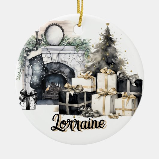 Prachtig zwart, wit en goud kerstversiering keramisch ornament (Voorkant)