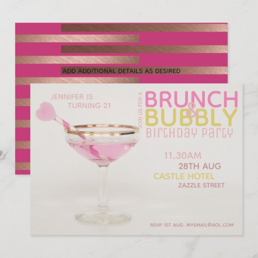 Prachtige 21e BRUNCH BUBBELEN Cocktail ROZE GOUD Kaart (Voorkant / Achterkant)