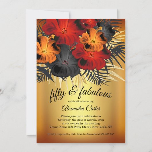 Prachtige 50 Goud Rood Oranje Zwarte Hibiscus fuif Kaart (Voorkant)