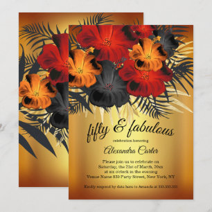 Prachtige 50 goud rood oranje zwarte hibiscus fuif kaart