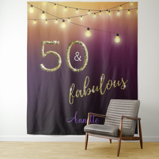 Prachtige 50 Gouden Paarse Lichten Foto Achtergron Wandkleed (In situ)