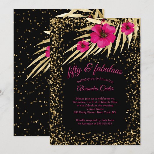 Prachtige 50 Pink Zwart Goud Glitter Verjaardag Kaart (Voorkant / Achterkant)