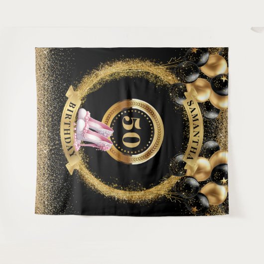 Prachtige 50e verjaardag banner zwart gouden hakke wandkleed (Voorkant (horizontaal))